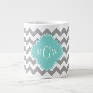 Graues, Zickzack Aqua-Quatrefolie 3 Monogramm Jumbo-Tasse