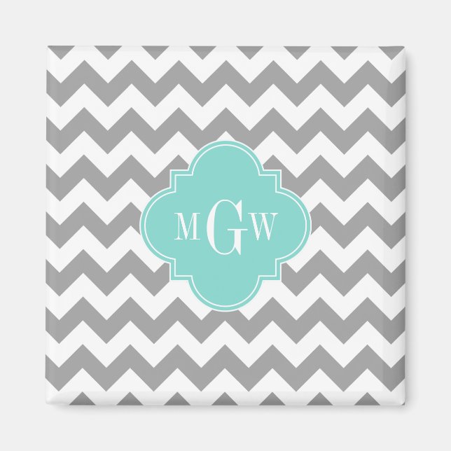 Graues, Zickzack Aqua-Quatrefolie 3 Monogramm Magnet (Vorne)