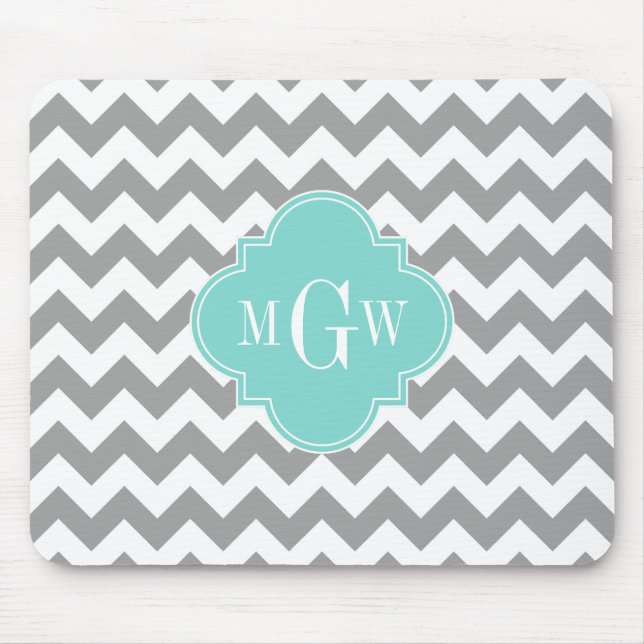 Graues, Zickzack Aqua-Quatrefolie 3 Monogramm Mousepad (Vorne)