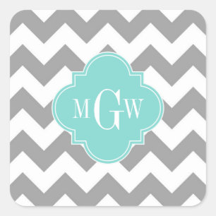 Graues, Zickzack Aqua-Quatrefolie 3 Monogramm Quadratischer Aufkleber