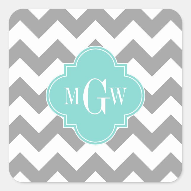 Graues, Zickzack Aqua-Quatrefolie 3 Monogramm Quadratischer Aufkleber (Vorderseite)