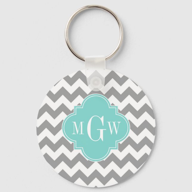 Graues, Zickzack Aqua-Quatrefolie 3 Monogramm Schlüsselanhänger (Vorderseite)