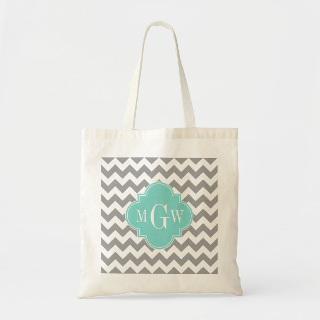Graues, Zickzack Aqua-Quatrefolie 3 Monogramm Tragetasche (Vorne)