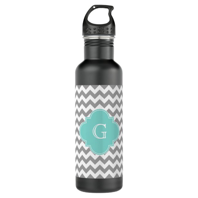 Graues, Zickzack Aqua-Quatrefolienmonogramm Trinkflasche (Vorderseite)