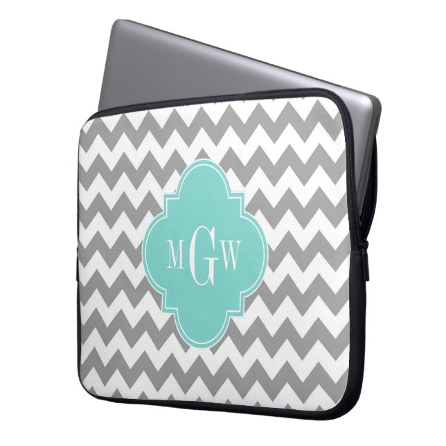 Graues, Zickzack Aqua Turq Quatrefolie 3 Monogramm Laptopschutzhülle (Vorderseite Links)