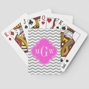 Graues Zickzack heißes Rosa Quatrefoil 3 Monogramm Spielkarten