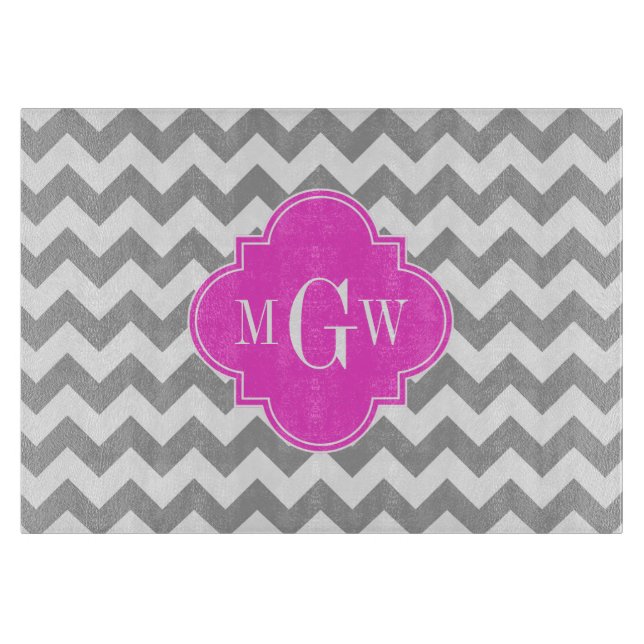 Graues Zickzack Hot-Pink-Folie 3 Monogramm Schneidebrett (Vorderseite)