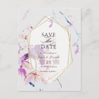 Graufarbene und Lila Wasserfarben Save the Date Ankündigungspostkarte