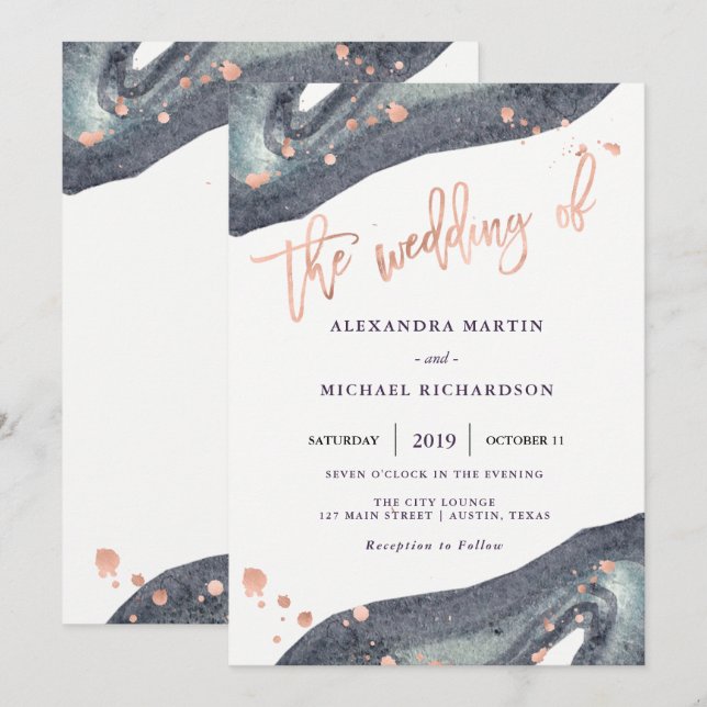 Graufarbener Geode und Imitat Rose Gold| Hochzeit Einladung (Vorne/Hinten)