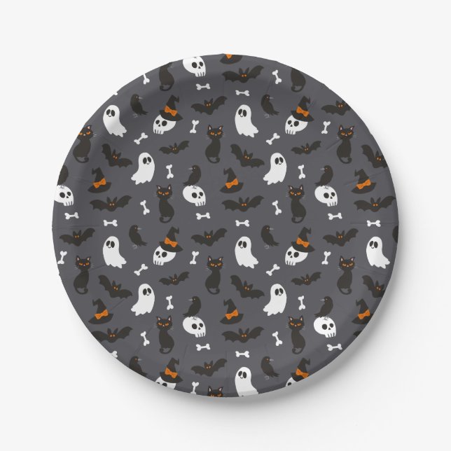 Graugeister Skulls Ravens Cats Halloween Muster Pappteller (Vorderseite)