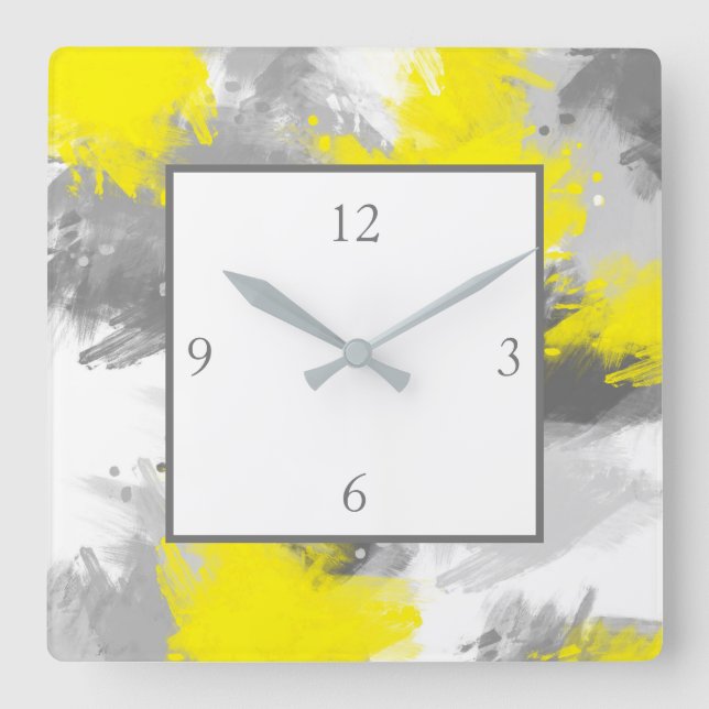 Graugelbe Abstrakte Pinselstriche Quadratische Wanduhr (Vorderseite)
