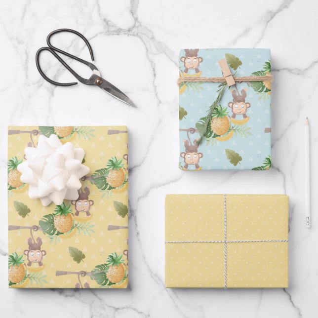 Graugelbe Affenbaum Babydusche Geschenkpapier Set (Vorderseite)