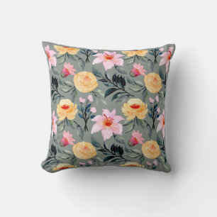 Graugelbe und rosa Blume Kissen