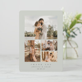 Graugrün Elegant Minimal 4 Foto Hochzeitsflat Dankeskarte