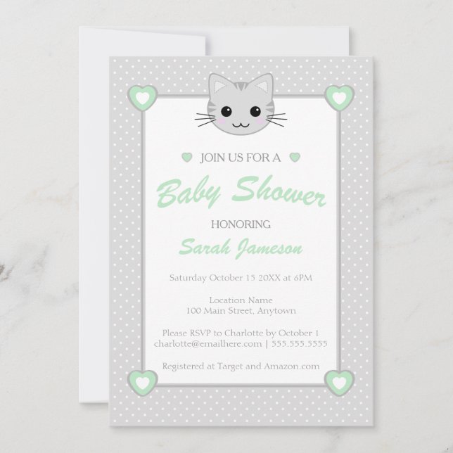 Graugrüne, neutrale Niedliche Kawaii Cat Baby Dusc Einladung (Vorderseite)