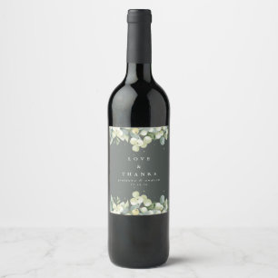 Graugrüne Snowberry+Eukalyptus Winterhochzeit Weinetikett