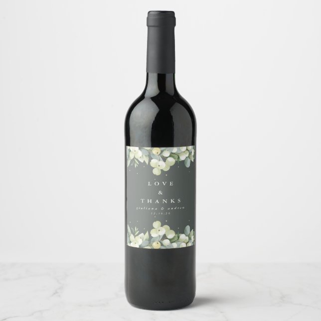 Graugrüne Snowberry+Eukalyptus Winterhochzeit Weinetikett (Vorderseite)