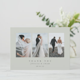 Graugrüne Ultra-Minimal-Dreifach-Foto-Hochzeitswoh Dankeskarte