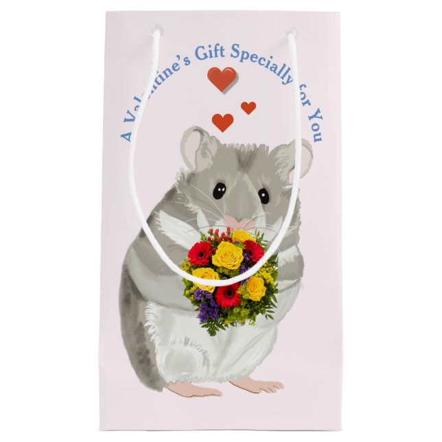 GrauHamster mit einem Bouquet essbaren Valentiner Kleine Geschenktüte (Vorderseite)