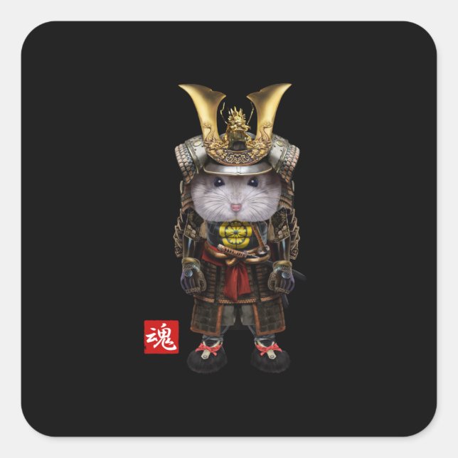 GrauHamster mit japanischem Samurai Quadratischer Aufkleber (Vorderseite)