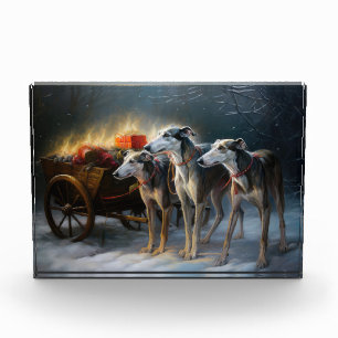 Grauhund Schneebedeckter Schlitten Weihnachtsdekor Fotoblock