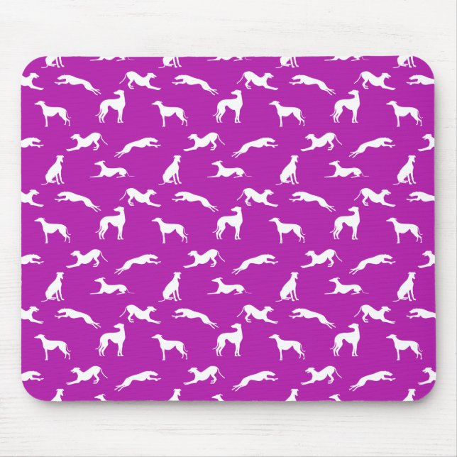 Grauhund-Silhouetten - Weiß auf Rosa (B41AAA) Mousepad (Vorne)