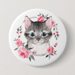 Graukatze mit Blume. Aquarell Button