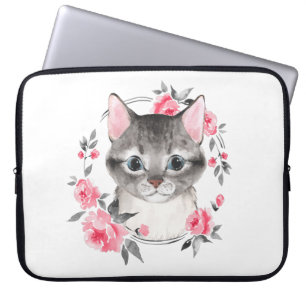 Graukatze mit Blume. Aquarell Laptopschutzhülle