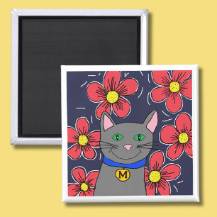 Graukatze mit Blume personalisieren Magnet