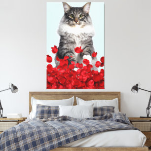 Graukatze und rote Rosen Leinwanddruck