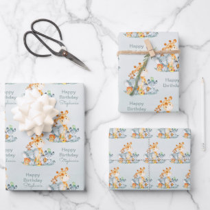 Grauminze Wasserfarbe Niedlich Safari Jungle Tiere Geschenkpapier Set