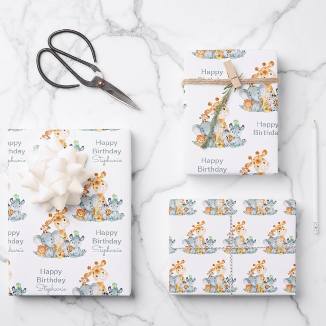 Grauminze Wasserfarbe Niedlich Safari Jungle Tiere Geschenkpapier Set (Vorderseite)
