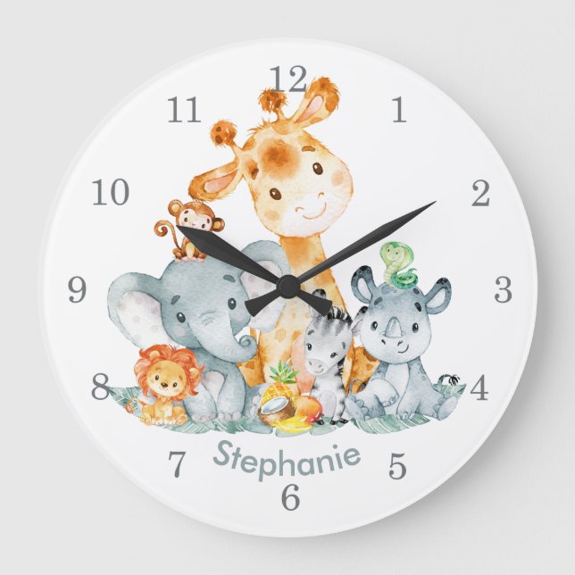 Grauminze Wasserfarbe Niedlich Safari Jungle Tiere Große Wanduhr (Vorderseite)