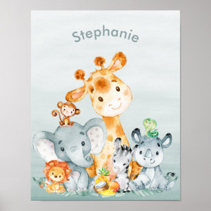 Grauminze Wasserfarbe Niedlich Safari Jungle Tiere Poster