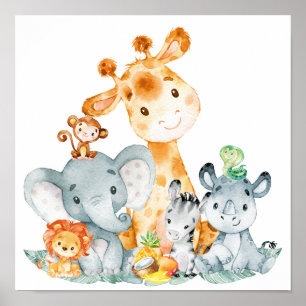 Grauminze Wasserfarbe Niedlich Safari Jungle Tiere Poster
