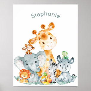 Grauminze Wasserfarbe Niedlich Safari Jungle Tiere Poster