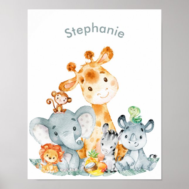 Grauminze Wasserfarbe Niedlich Safari Jungle Tiere Poster (Vorne)