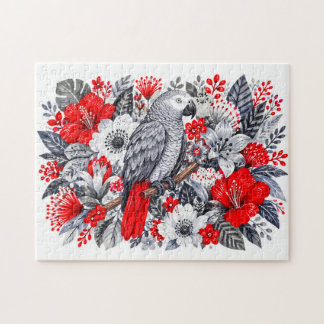 Graupapagei Rote Hibiskus Botanische Illustration