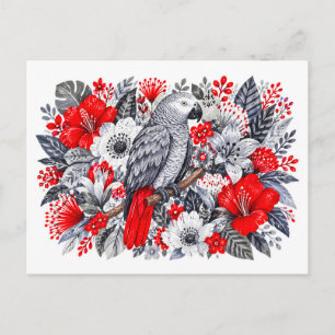 Graupapagei Rote Hibiskus Botanische Illustration Postkarte