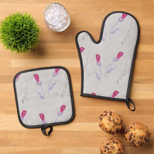 Graurosa Blume Ofenhandschuh & Topflappen-Set (Oben Unten)