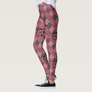 Graurosa geometrisch kariertes Muster mit Blume Leggings