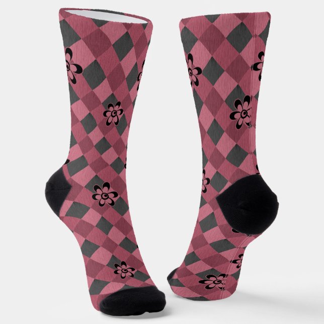 Graurosa geometrisch kariertes Muster mit Blume Socken (Gewinkelt)