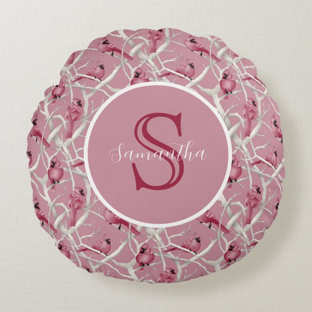 Graurosa Kardinal Vögel Personalisiert Monogram Rundes Kissen (Vorderseite)