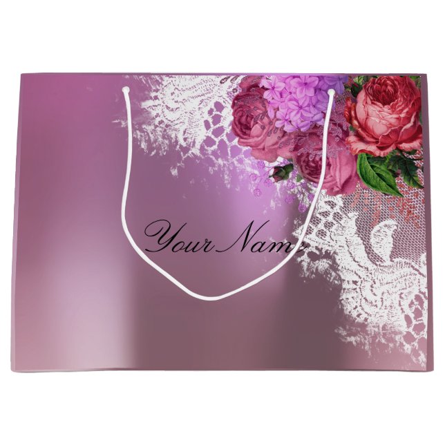 Graurosa Rote Peony White Lace Name Metallic Große Geschenktüte (Vorderseite)