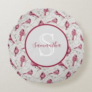 Grauroter Kardinal Vögel Personalisiert Monogram Rundes Kissen