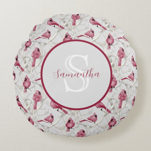 Grauroter Kardinal Vögel Personalisiert Monogram Rundes Kissen (Vorderseite)