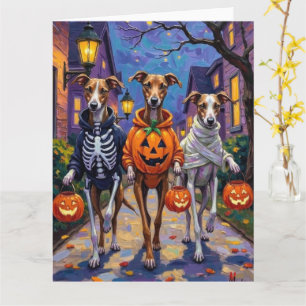 Grauschmuck-oder-Treating in Halloween-Kostümen Karte