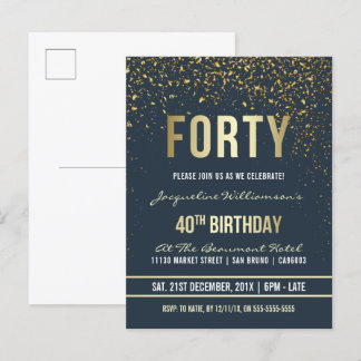 Grauschwarz | Gold Confetti 40. Geburtstag Party Einladungspostkarte