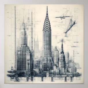 Graustufen-Gebäude-Blueprint Poster