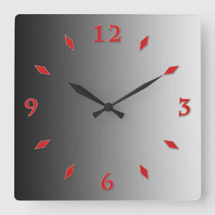 Graustufen, rotes Zifferblatt. Quadratische Wanduhr